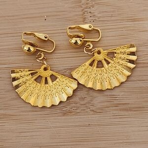 Hand Crafted Gold Fan Clip On Earrings Metallic